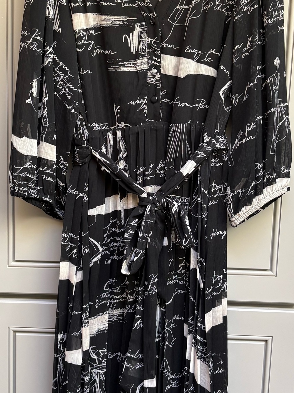 Karl Lagerfeld Black & White Script Print Tie-Waist Midi Dress